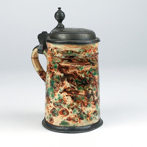 Continental Pottery Continental Agate Marbled Creamware Pottery Tankard with Pewter Cover, Late 18th Century SOLD •