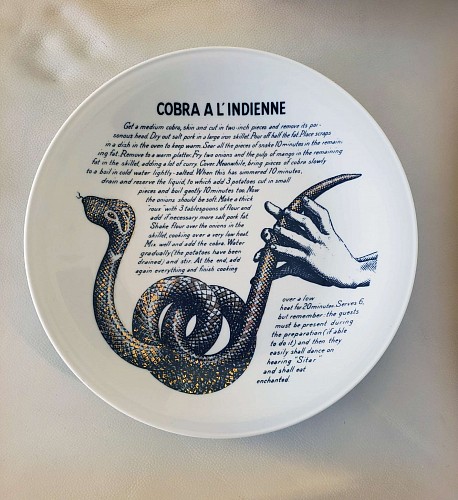 Inventory: Piero Fornasetti Vintage Piero Fornasetti Recipe Plate, Cobra A L'Indienne, Made for Fleming Joffe, 1960s $650