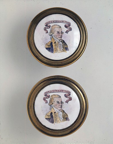 Inventory: English enamel tie-backs with General Washington, 1790 SOLD •
