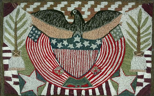 Inventory: A Fine Woolwork Picture of An American Eagle and Flag, Circa 1860 SOLD &bull;