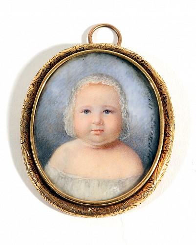 Inventory: Portrait Miniature French Portrait Miniature of a Baby, Signed and Dated By MÃ©lanie Bost 1845, 1845 SOLD •