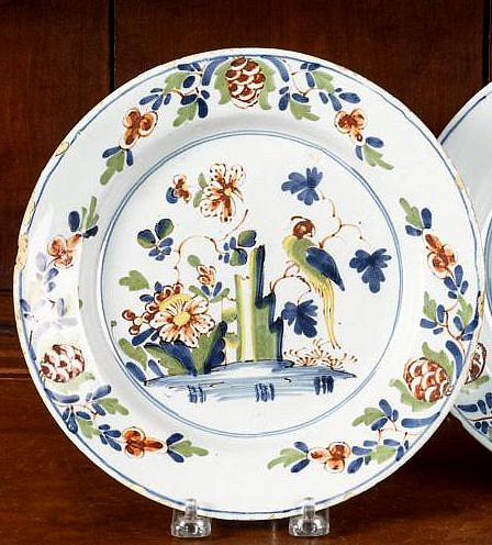 Inventory: Lambeth Delftware Lambeth Delftware Polychrome Chinoiserie Plates decorated with Parrots-Set of Five, 1765