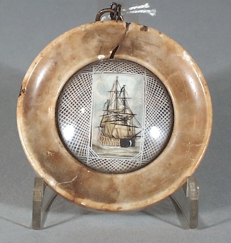 Portrait Miniature English Portrait Miniature of a Ship within an alabaster frame., Circa 1810 SOLD •