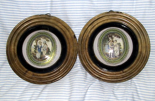 A Pair of English Ã©glomisÃ© alabaster-framed plaques with miniatures of couples, Circa 1790. SOLD •