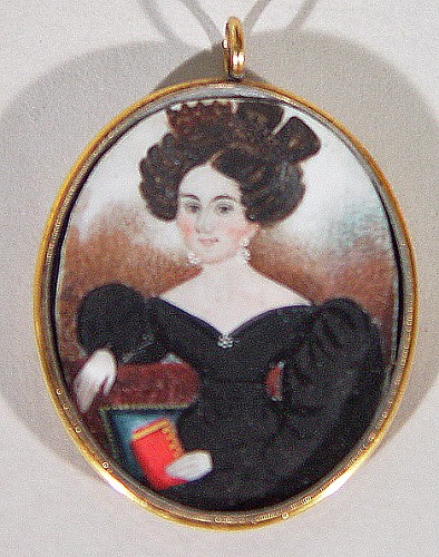 An American Folk Portait Miniature of a Lady with Red Book, Circa 1830-40 SOLD •