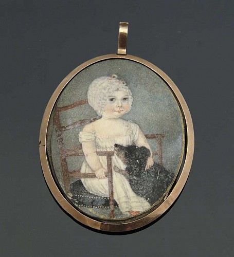 An American folk miniature of a young girl and her dog . Circa 1830 SOLD •