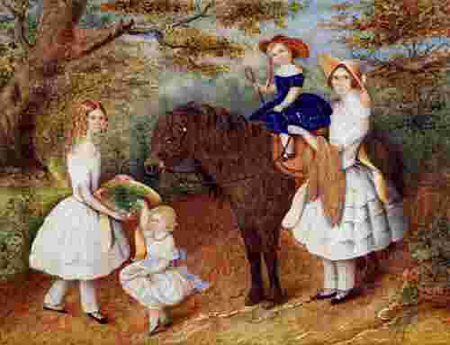 English Family Portait Miniature with Children, circa 1840. SOLD •