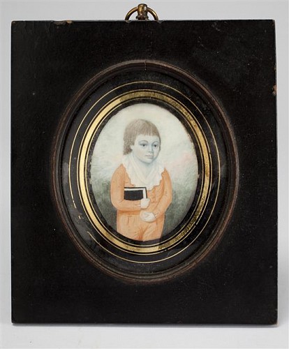Portrait Miniature Irish Portrait Miniature of a Boy Holding a Book, Circa 1800 SOLD •
