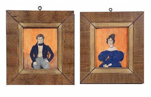 Pair of British Folk Portraits, John Hamilton & Ms. Higgins from Mersetyside, On Card. Dated 1834., Dated 1834. SOLD •