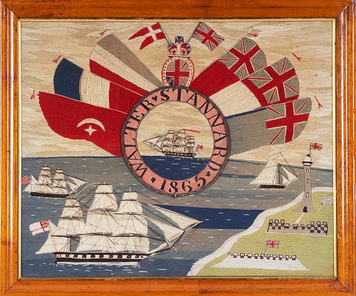 Sailor's Woolwork a Royal Navy frigate with the White Ensign and an American Battleship with a merchant ship in front of them.  The ships are depicted with the starboard side passing land with a British fort and lighthouse, the battlements flying the Union Jack with a sandy beach below.  The sea is depicted in three colors of blue and waves with whitecaps   

All within a maple frame with Museum UV glass.

Dimensions: Framed: 22 1/4 x 26 1/2 inche