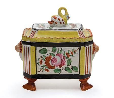 Inventory: Pearlware English Pottery Pearlware Botanical Box with a Yellow Ground, flower and Swan Finial, 1820 SOLD &bull;