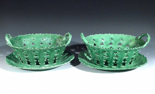 Pearlware English Regency Greenware Pottery Fruit Baskets & Stands,, 1810-20 SOLD •