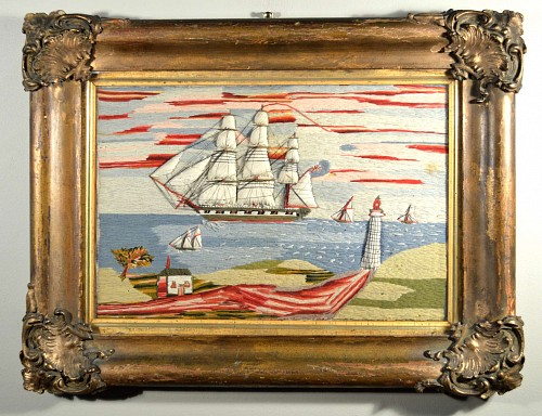 Sailor's Woolwork English Sailor's Trapunto Woolwork Picture of Ships off the Coast with Lighthouse, 1860-70 SOLD •