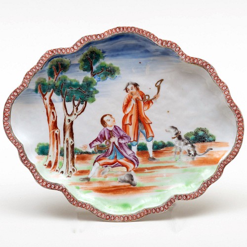 Chinese Export Porcelain Chinese Export Porcelain European-subject Oval Dish with European Figures of Huntsmen & Hound SOLD •