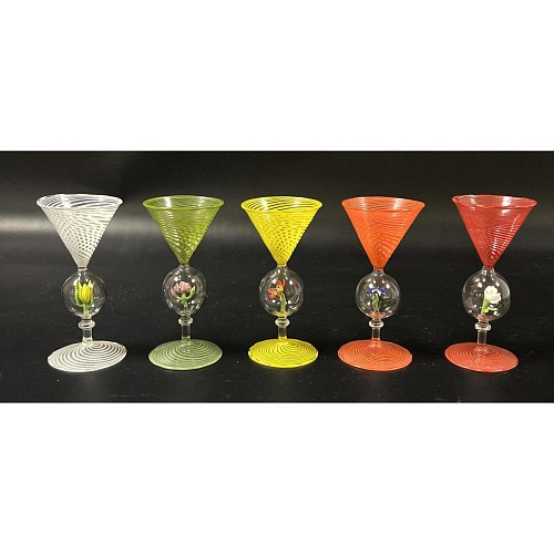 Bimini Glass Bimini Glass Set of Venetian-style Cordial Glasses with Flower Decoration, 1930s $1,500