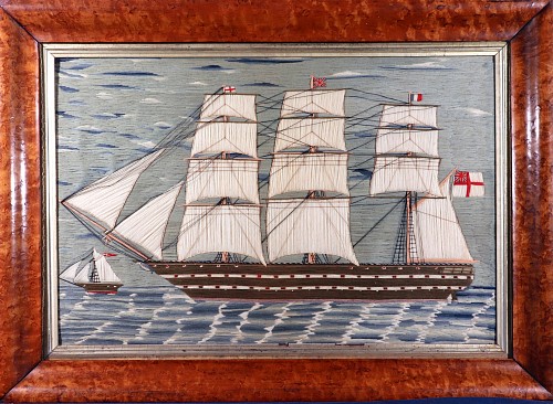 Sailor's Woolwork British Sailor's Woolwork Picture of a Royal Navy Third Rate Ship with The Admiral of the Fleet on Board, 1875 SOLD •