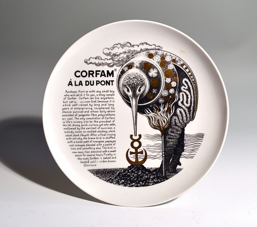 Inventory: Piero Fornasetti Piero Fornasetti Fleming Porcelain Plate- ""Corfam a la Du Pont"" Made for Fleming Jofe, 1960s $550