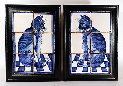Dutch Delft Dutch Delft Six-Tile Blue & White Pictures of Cats, 1770 SOLD •