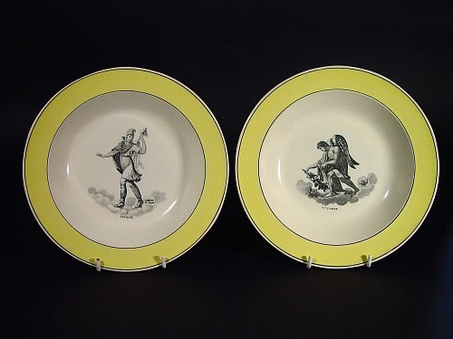 Inventory: French Pottery French Legros D' Anizy Yellow-bordered Soup Plates decorated with Prints of February and October, 19th Century $500