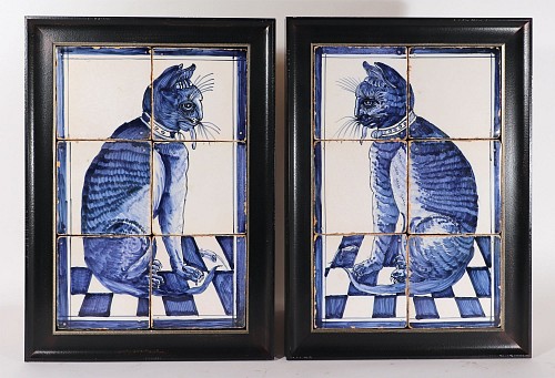 Dutch Delft 18th Century Dutch Delft Pair of Blue & White Six Tile Cat Pictures, 1765 SOLD •