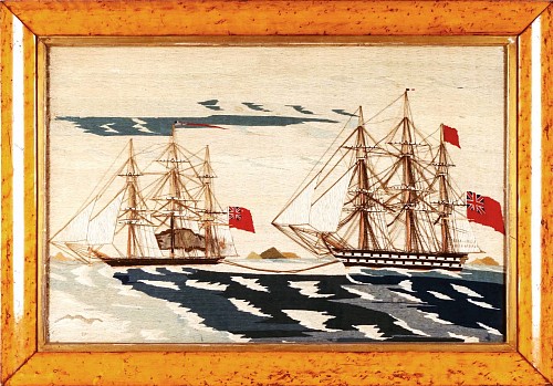 Sailor's Woolwork British Sailor's Woolwork of Two Royal Navy Ships- A Frigate towing a Second Rate, 1875 $12,500