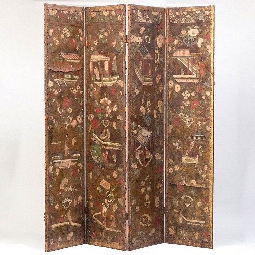 Large Dutch Chinoiserie Leather Painted & Parcel-gilt Four Panel Screen, Late 18th Century $7,500