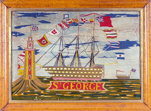 Inventory: Sailor&#039;s Woolwork British Sailor's Naive Woolwork of Royal Navy Ship H.M.S. St George, Circa 1860 $10,000