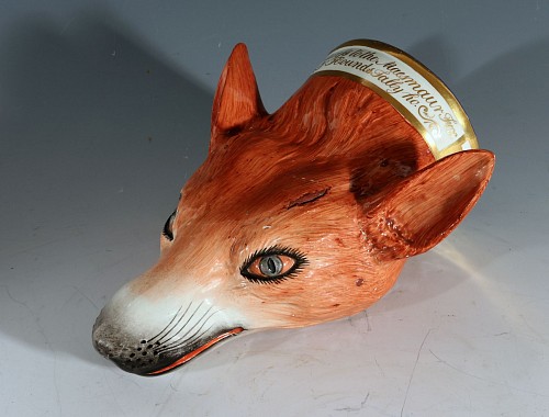 Inventory: Pearlware British Pottery Stirrup Cup of a Fox. "Success to the Maesmaur Fox Hounds, Tally ho", 1800 SOLD &bull;