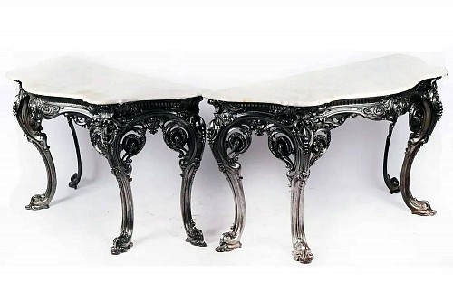 British Furniture Victorian English Marble topped Cast Iron Consoles, James Yates, Rotherham, 1854