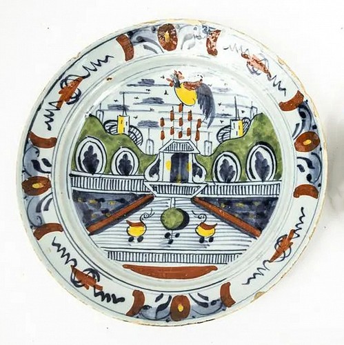Dutch Delft Dutch Delft Polychrome Plate with Garden Scene, 1765 SOLD •