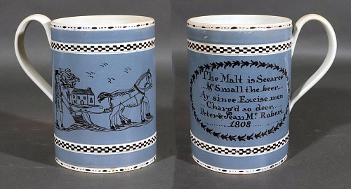 Pearlware Early 19th Century Pearlware Pottery Blue Slip Tankard painted with Horse and Plow and Dated 1808 Poem, 1820 SOLD •