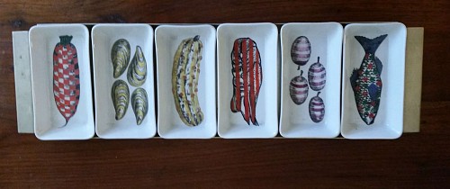 Inventory: Piero Fornasetti Piero Fornasetti Verdure Pesci Pattern Dishes Mounted in The Original Metal Serving Tray, 1960s SOLD &bull;