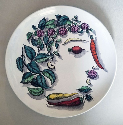 Piero Fornasetti Piero Fornasetti Vegetable Face Ceramic Plate, Vegetalia Pattern, #10 in Series, Circa 1950s. SOLD •