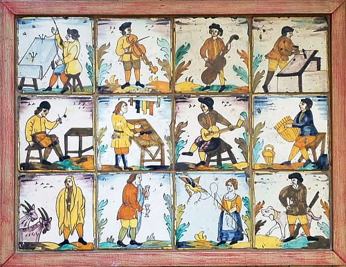 Spanish Faience Catalan Tile Picture of Twelve Tin-glazed Earthenware Pictures of Trades, Spanish, 18th century. SOLD •