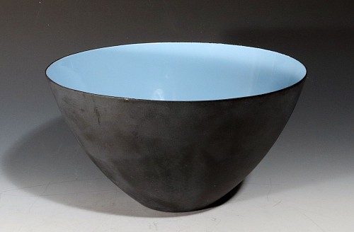 Inventory: Mid-century Modern Modernist Krenit Bowl in Black Steel and Robins-egg Blue Enamel interior by Herbert Krenchel for Torben Ørskov & Co., 1950s-early 60s $500