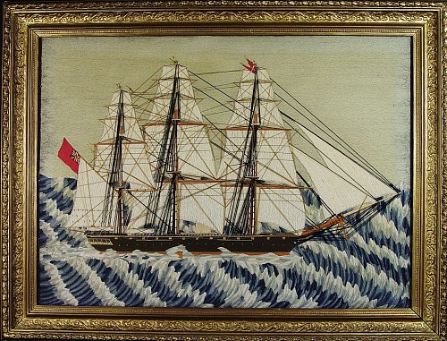 Sailor's Woolwork Sailor's Woolwork Picture Depicting a Three-masted Sailing Vessel in a Rough Sea, 1870 SOLD •