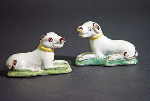 Continental Pottery Miniature Tin-glazed Earthenware (faience) Miniature Dogs,  Brussels, 1750-60 SOLD •