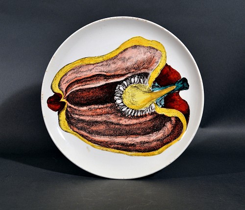 Inventory: Piero Fornasetti Piero Fornasetti Pottery Plate, Sezioni Di Frutta, #6, Depicting a Pepper, 1960s $750