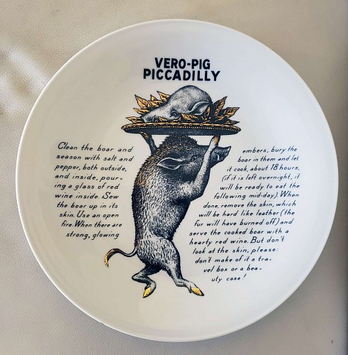 Inventory: Piero Fornasetti Piero Fornasetti Recipe Plate, Vero-Pig Piccadilly, Made for Fleming Joffe, 1960s $900