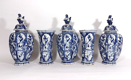 Dutch Delft Dutch Delft Blue & White Chinoiserie Garniture of Vases, 1765 SOLD •