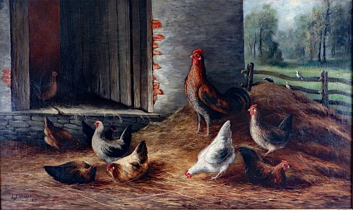 L.J. Cruise Painting of Farmyard Scene with chickens, Oil on Canvas, Signed L.J. Cruise, 1911, 1911 $10,000