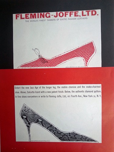 Inventory: 1958 Fleming-Joffe &  I. Miller Palizzio Womens Shoes Original Fashion Ad from Vogue, 1958 $500
