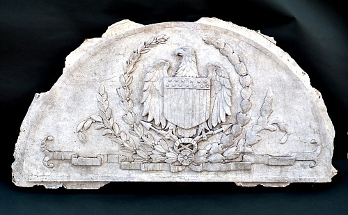 Folk Art Massive American Antique Plaster Demilune Bas-relief Wall Plaque with American Eagle & Shield and Bellflower design, 1920s-30s $8,500