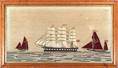 Inventory: Sailor&#039;s Woolwork British Woolwork of Three Merchant Ships on Unusual Sea with the Ships ADA & Alaska, 1875 $7,500