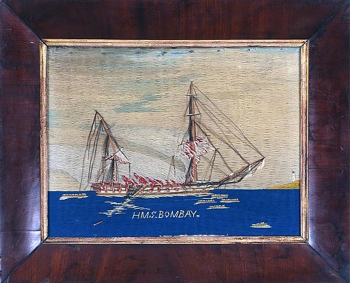 Inventory: Sailor&#039;s Woolwork British Sailor's Woolwork Woolie of Ship HMS Bombay on Fire, 1865 $5,000