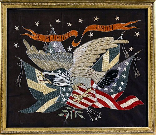 Inventory: Japanese Silkwork Silk Needlework Eagle and "E. Pluribius Unum" Picture, c. 1900, the spread wing eagle with crossed flags and shield below the inscribed, 1885