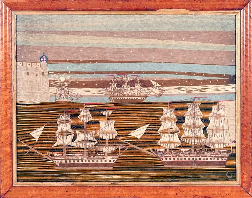 Inventory: Sailor&#039;s Woolwork Large British Sailor's Woolwork with Four Ships Sailing Under Starlight, 1860-75 $12,500