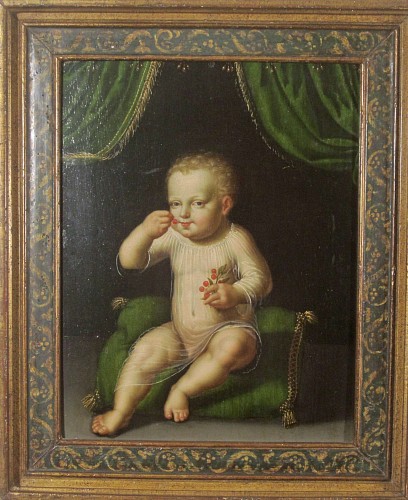 Oil Painting of a Young Child, Oil on Board signed A Ferdinand, Probably German, 17th Century $7,500