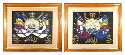 Sailor's Woolwork British Sailor's Woolwork Pair of Pictures with Ship & Flags of Nations, 1875 $10,000