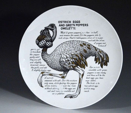 Piero Fornasetti Vintage Piero Fornasetti Recipe Plate, Ostrich Eggs and Green Peppers Omelette, Made for Fleming Joffe, 1960s $300